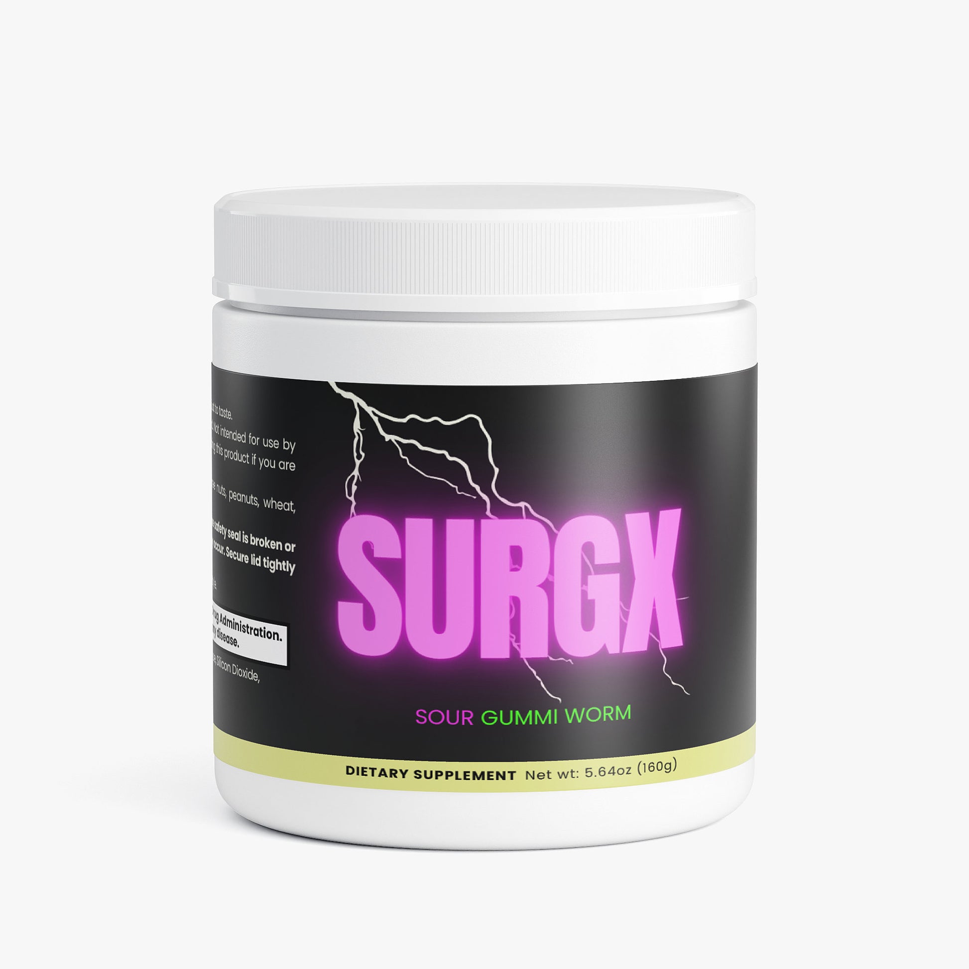 Supplement container labeled 'Surgx' with a black and white design on a white background